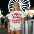 Western-inspired outfits graphic T-shirt in cream cotton with distressed red Yee Haw cowboy and rope print