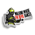 Where the Devil Dances firefighter sticker featuring a fully geared firefighter with neon yellow accents and bold red and black lettering