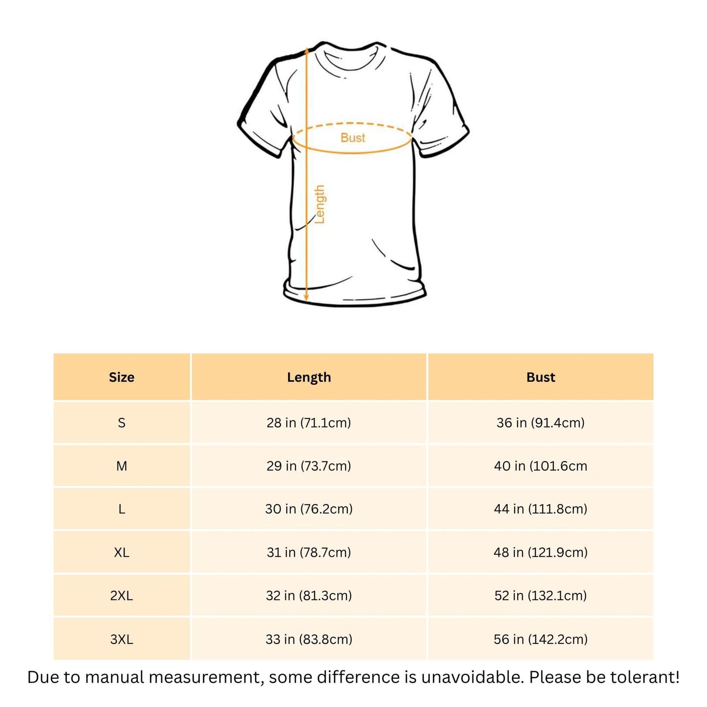 Women's Boho Dragonfly Gypsy Soul Graphic Tee size chart showing shirt length and bust measurements from S to 3XL