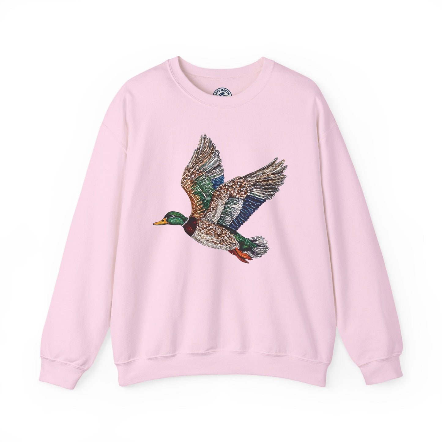 Flying mallard duck faux rhinestone design on cozy unisex sweatshirt