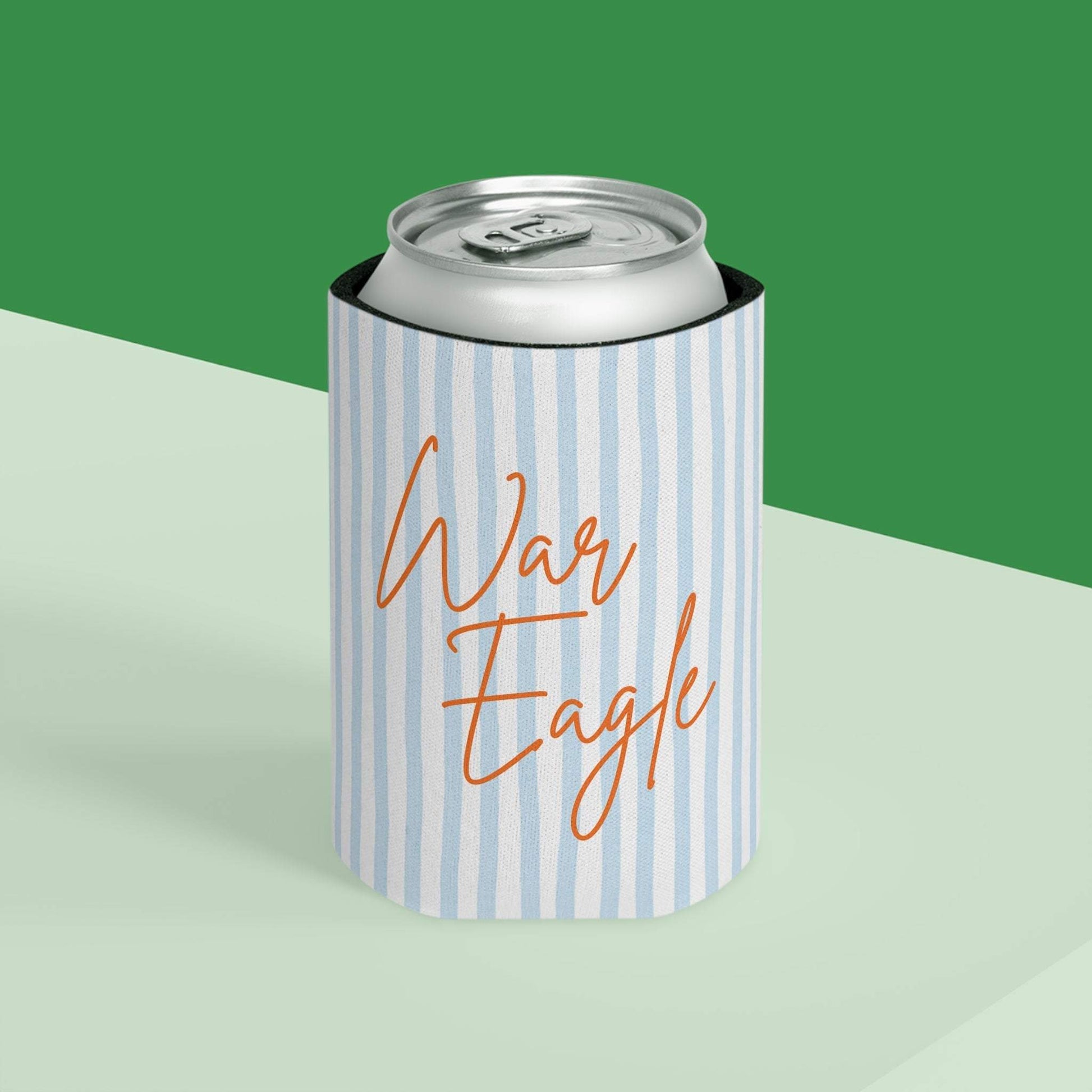 War Eagle Can Cooler with pale blue seersucker stripes and orange script on lightweight foam and polyester exterior