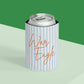 War Eagle Can Cooler with pale blue seersucker stripes and orange script on lightweight foam and polyester exterior