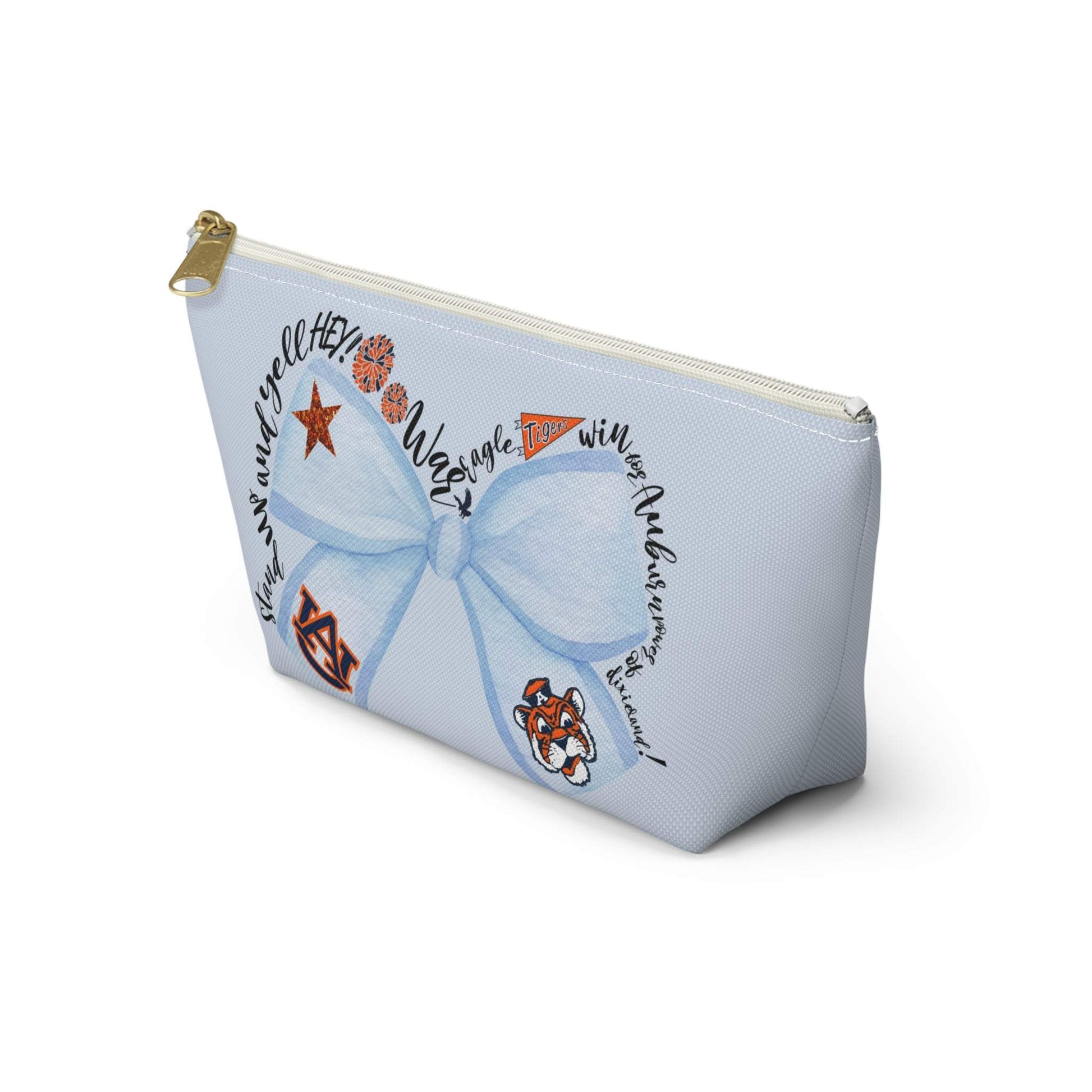 Light-blue T-bottom cosmetic bag with blue bow Auburn logo and gold zipper pull