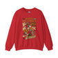 A red crewneck sweatshirt featuring a colorful 'Happy Halloween' graphic print on the front with cartoon illustrations of a witch, skeleton, pumpkin, and ghosts.