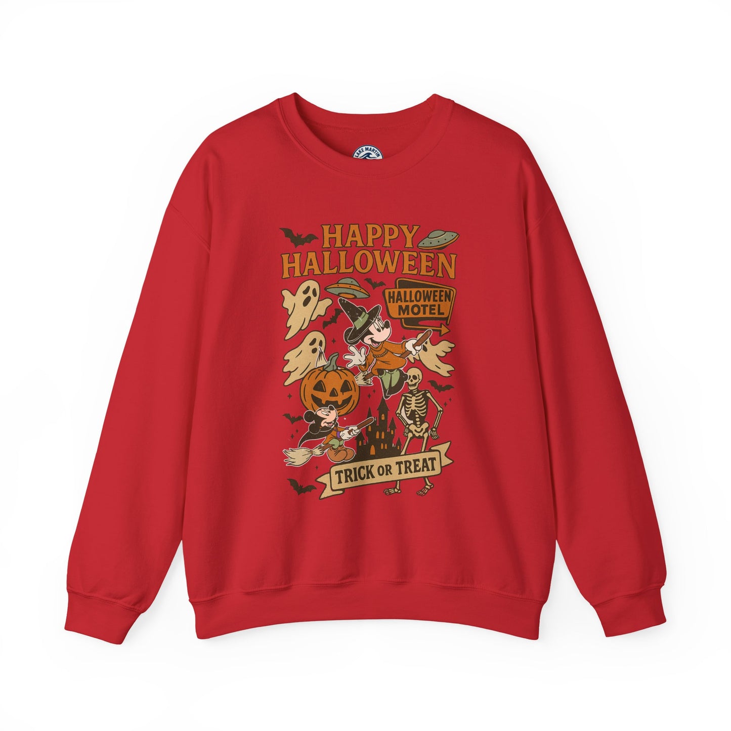 A red crewneck sweatshirt featuring a colorful 'Happy Halloween' graphic print on the front with cartoon illustrations of a witch, skeleton, pumpkin, and ghosts.