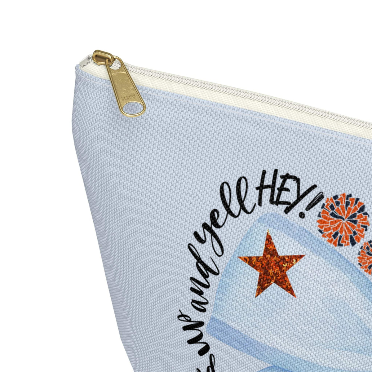 Light-blue Blue Bow Auburn Logo accessory pouch with T-bottom, gold zipper pull, and collegiate icons on front