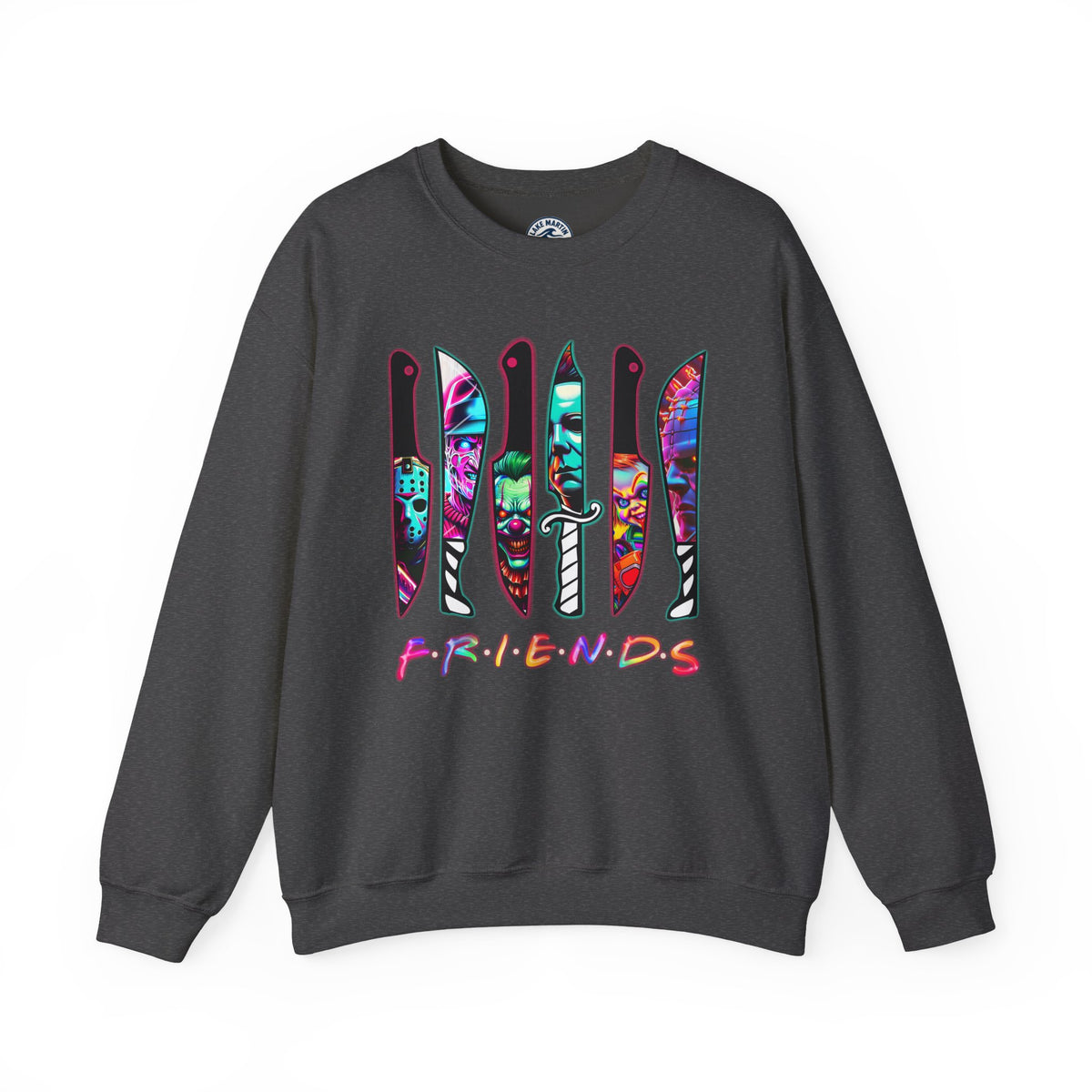 A dark gray crewneck sweatshirt featuring a graphic of six knives filled with colorful tie-dye patterns, with the word 'FRIENDS' printed below in the iconic Friends TV show font.