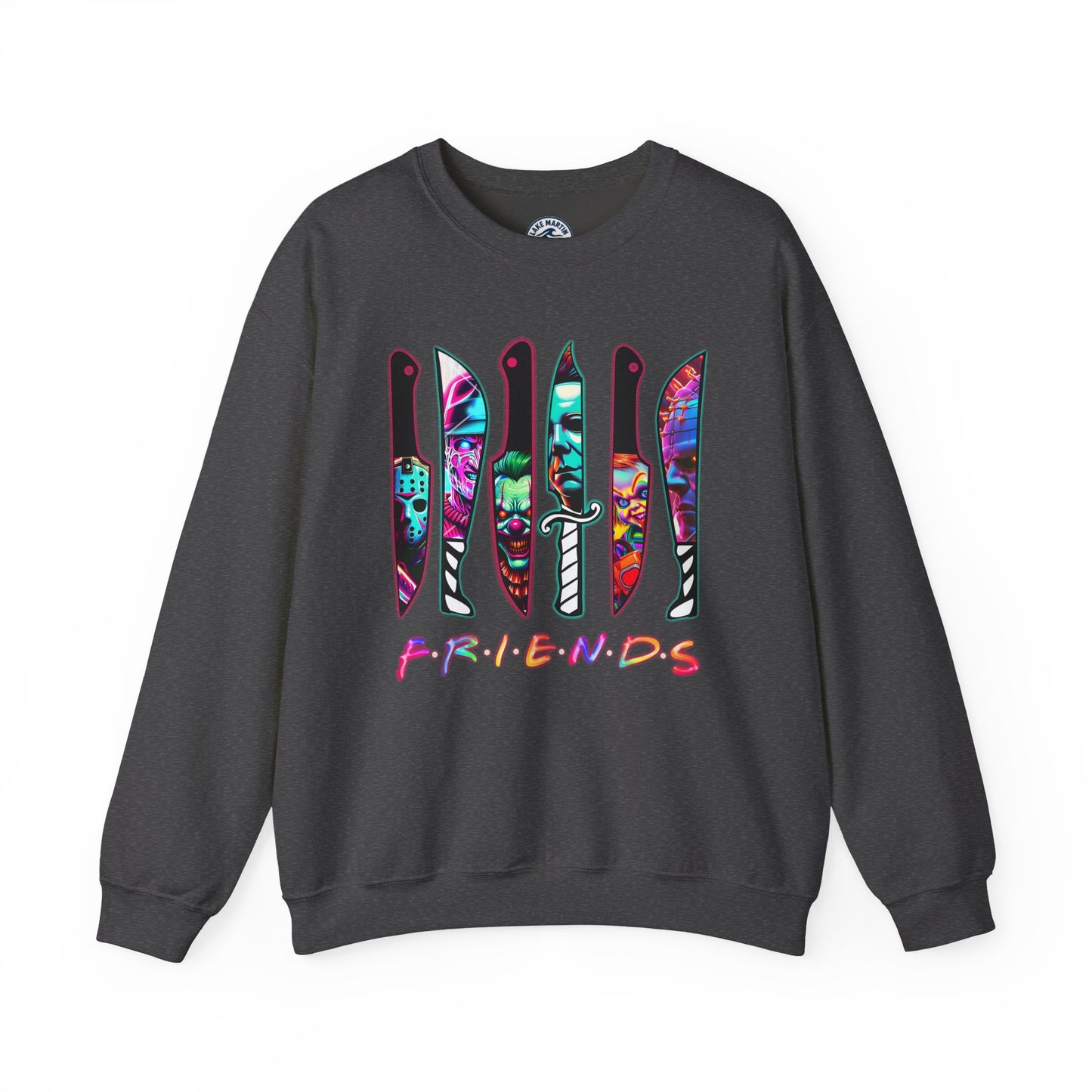 A dark gray crewneck sweatshirt featuring a graphic of six knives filled with colorful tie-dye patterns, with the word 'FRIENDS' printed below in the iconic Friends TV show font.