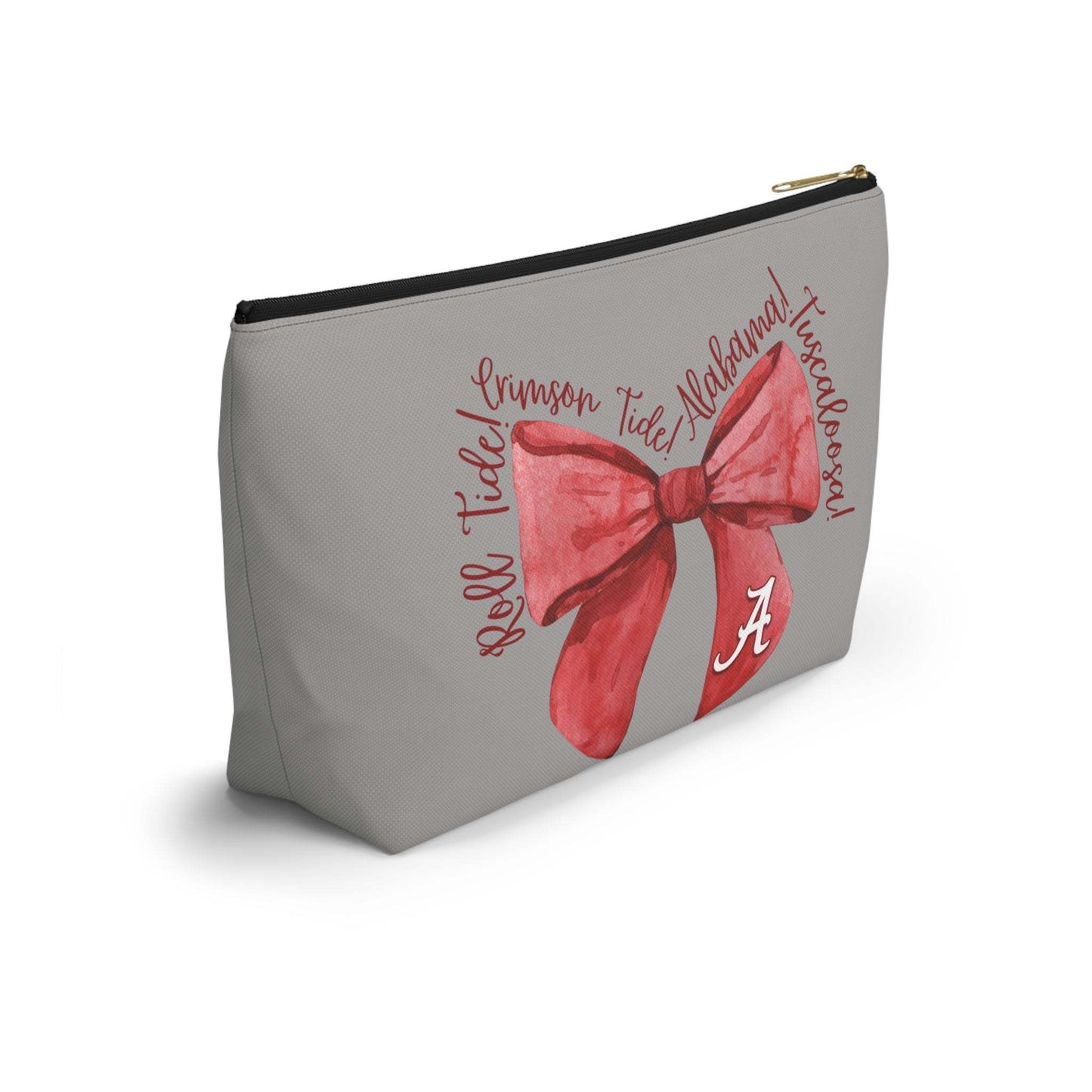 Crimson Bow Alabama script accessory pouch with watercolor bow and gold zipper puller