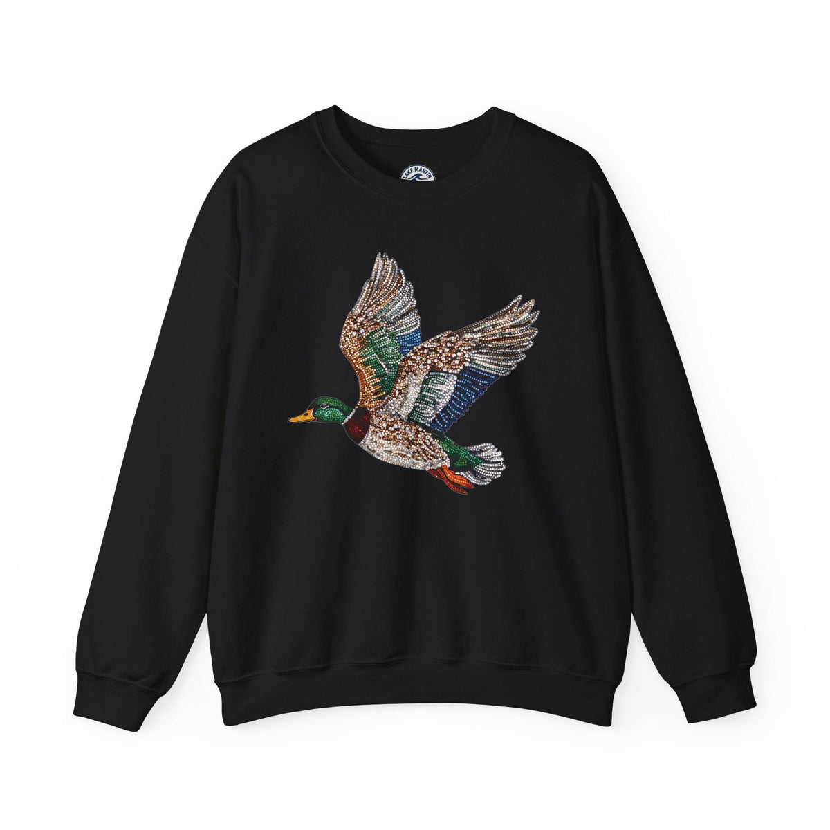 Flying mallard duck faux rhinestone design on cozy unisex sweatshirt