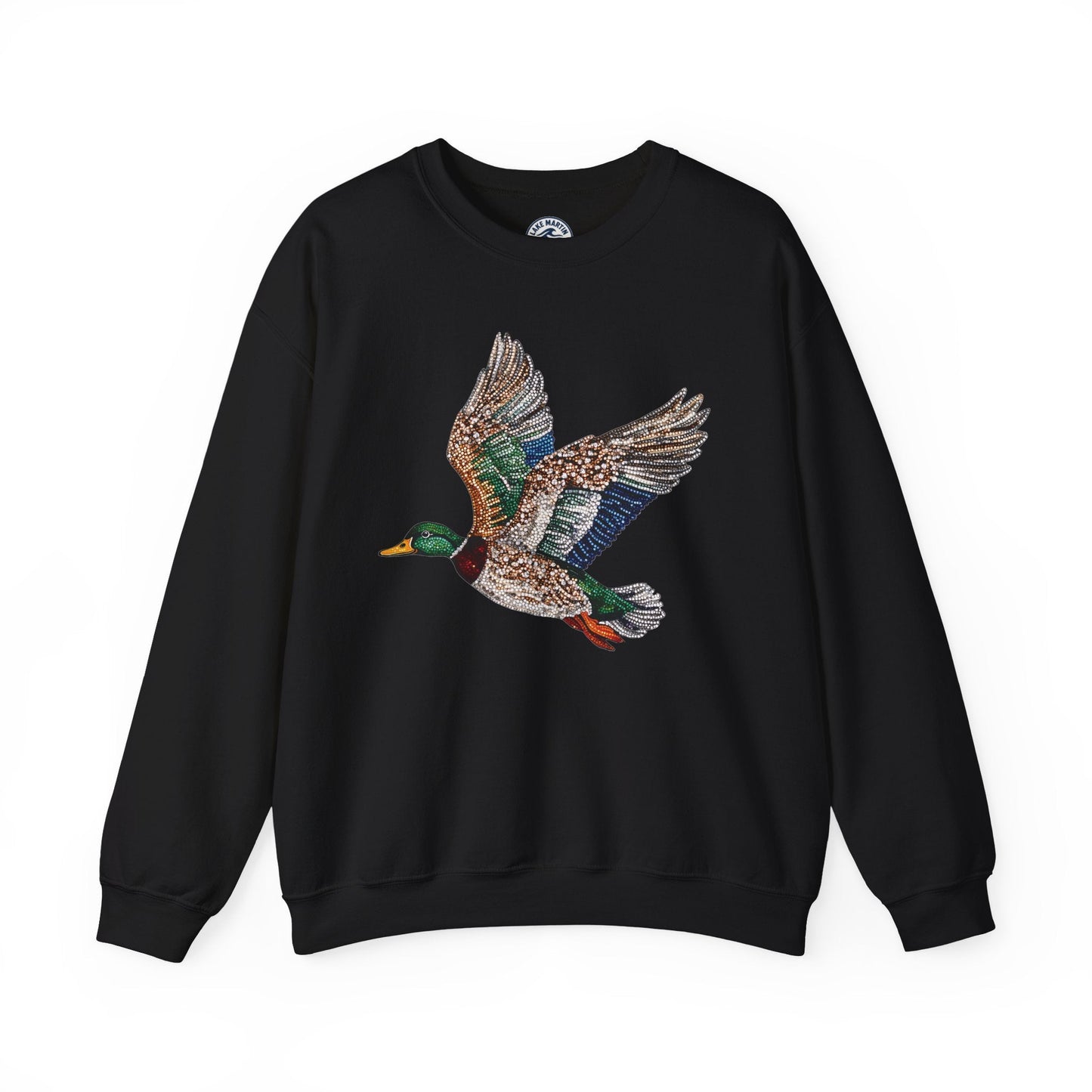 Flying mallard duck faux rhinestone design on cozy unisex sweatshirt