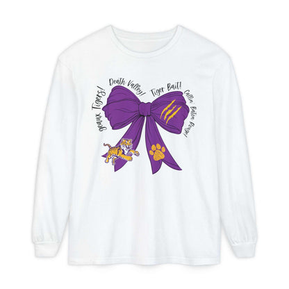 Purple and Gold Tiger Bow Long-Sleeve Game Day Shirt
