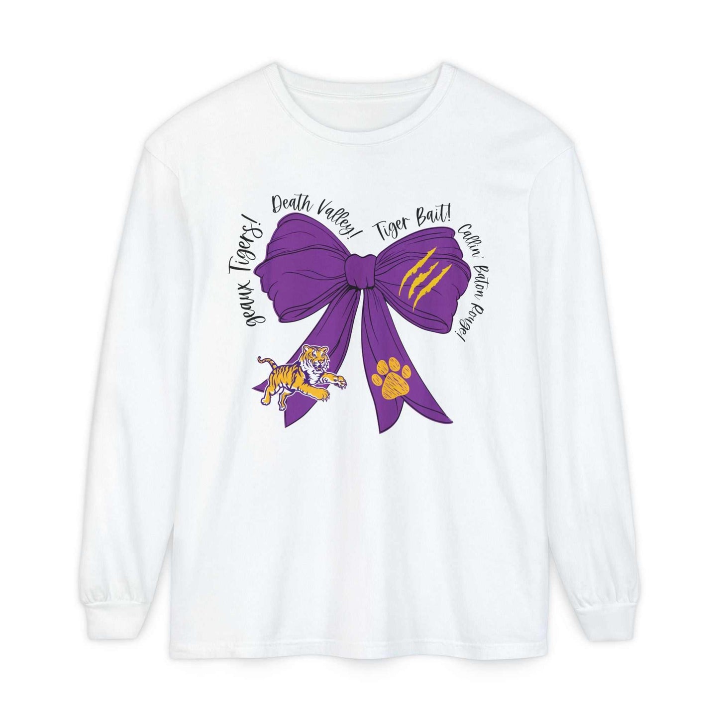 Purple and Gold Tiger Bow Long-Sleeve Game Day Shirt
