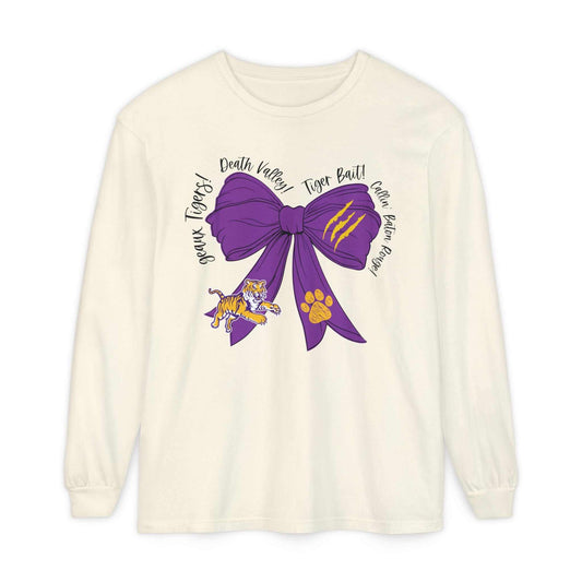 Purple and Gold Tiger Bow Long-Sleeve Game Day Shirt