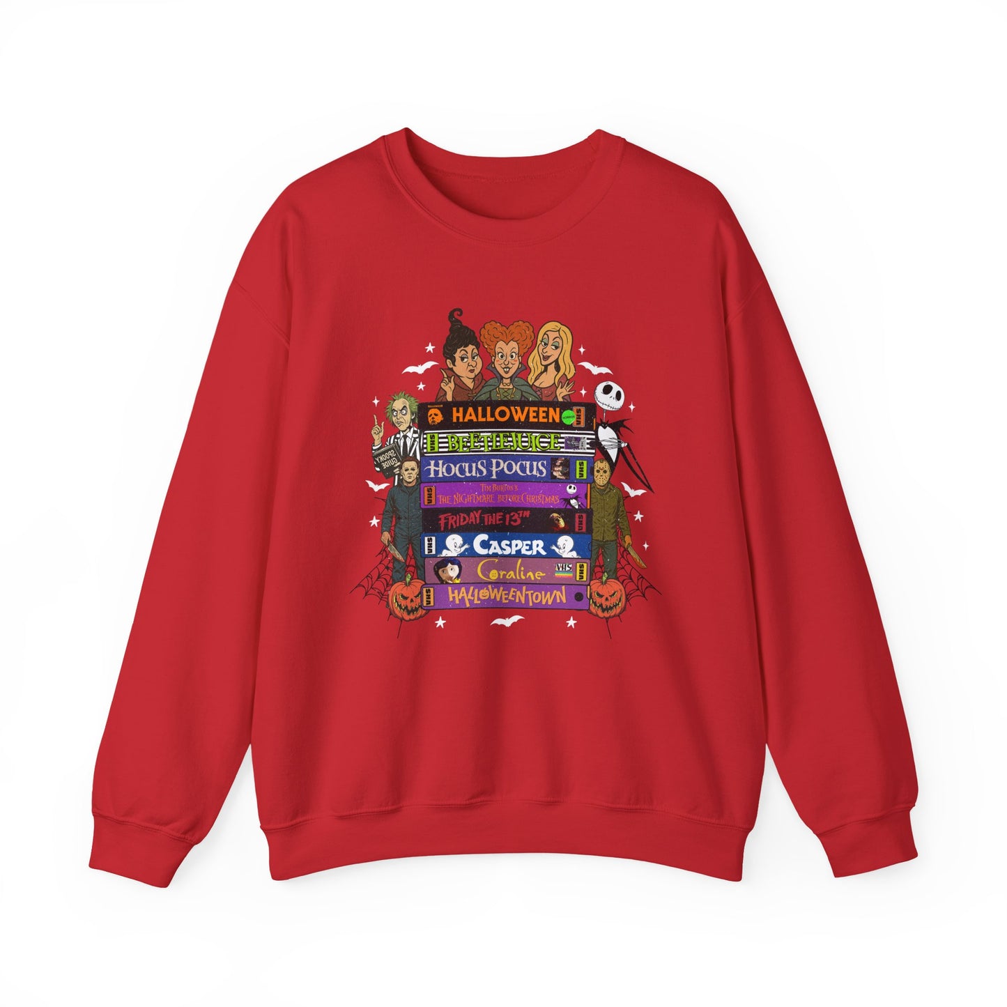 A red crewneck sweatshirt featuring a colorful graphic print on the front with characters and text from 'The Nightmare Before Christmas', including Jack Skellington, and Sally.