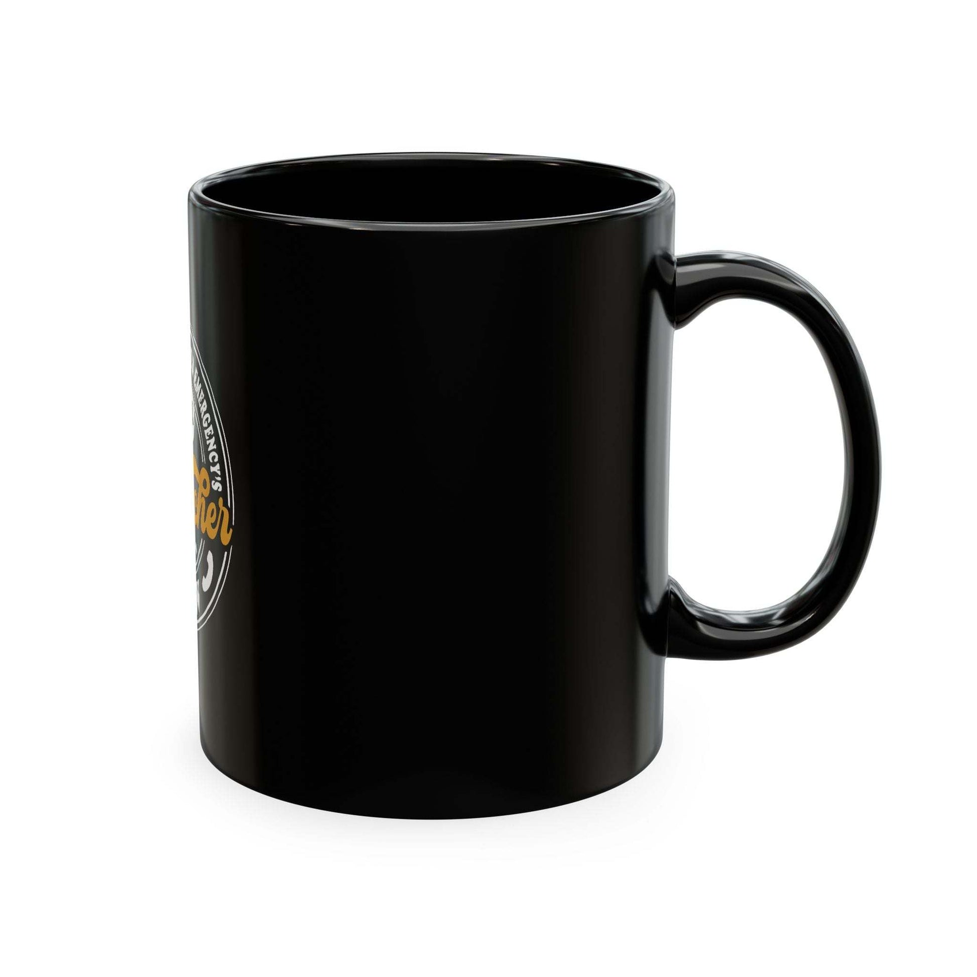 Black ceramic 911 Dispatcher Crew Mug with gold and white emblem, ergonomic C-handle, microwave and dishwasher safe