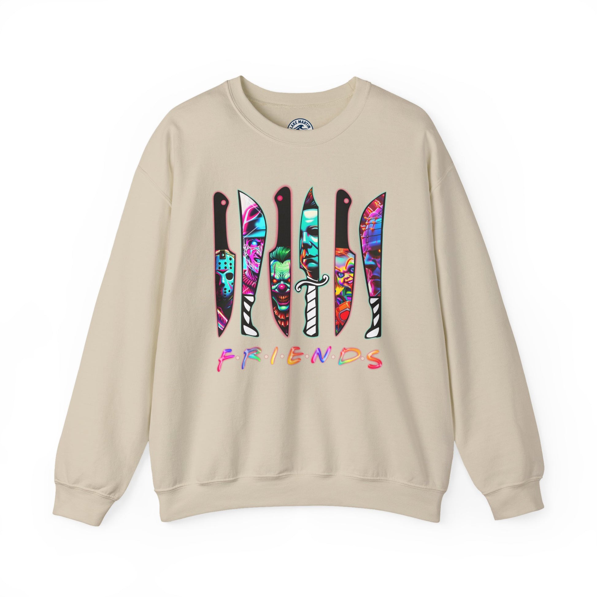 A beige crewneck sweatshirt featuring a graphic of six knives with colorful tie-dye patterns and the word 'FRIENDS' printed below in a rainbow gradient, displayed on a clean white background.