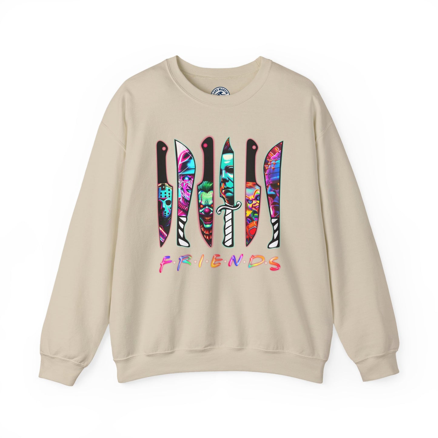 A beige crewneck sweatshirt featuring a graphic of six knives with colorful tie-dye patterns and the word 'FRIENDS' printed below in a rainbow gradient, displayed on a clean white background.