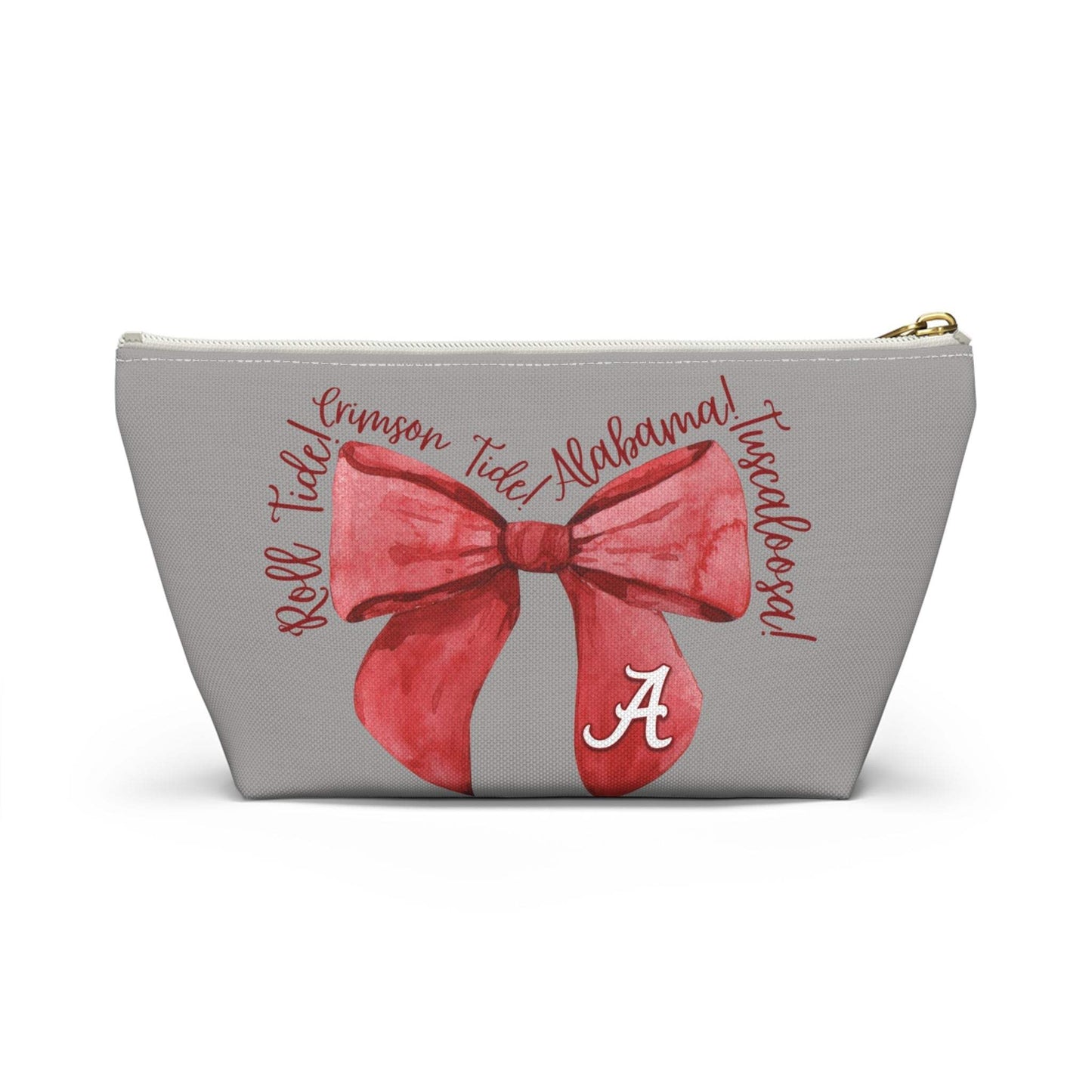 Crimson Bow Alabama accessory pouch with watercolor bow and gold zipper puller