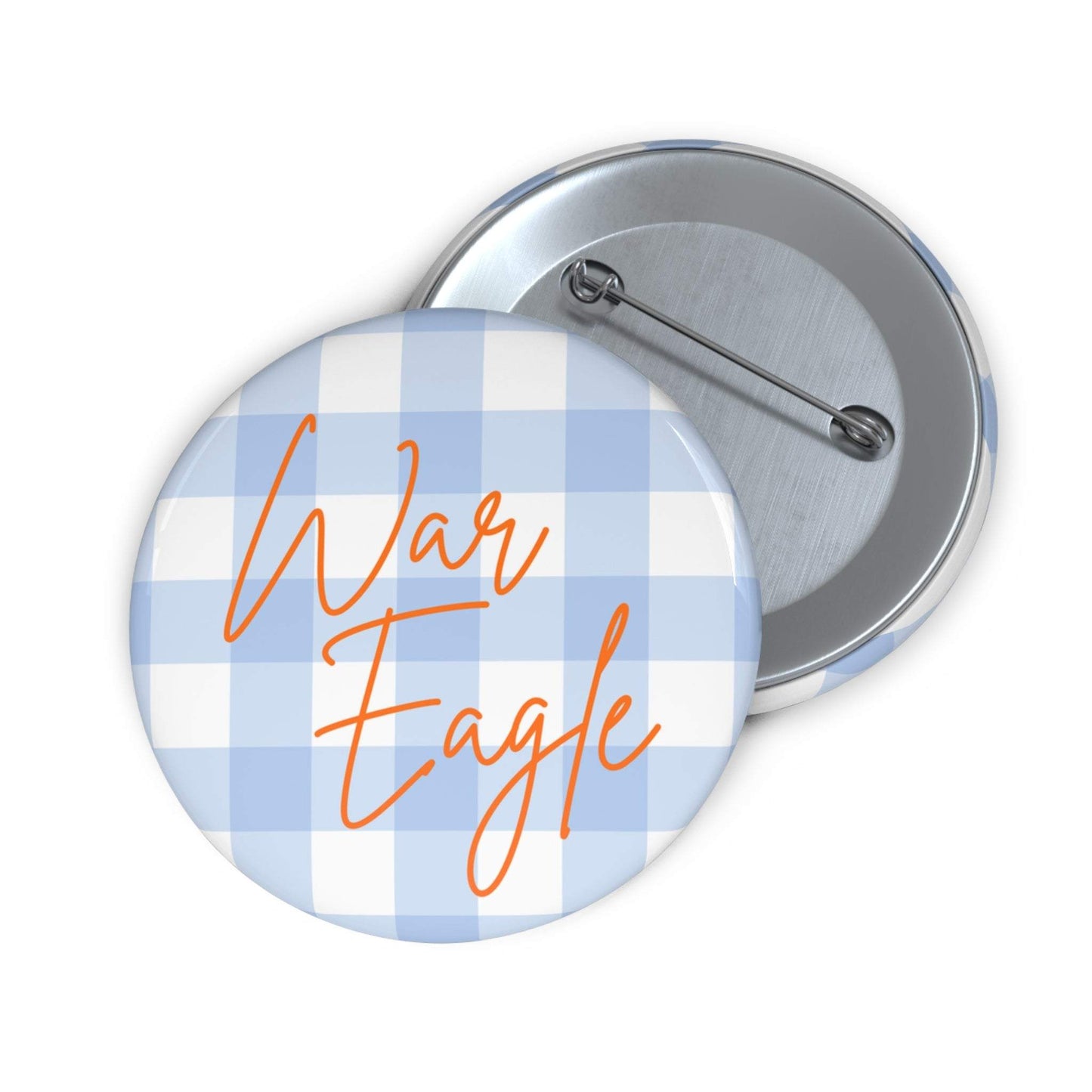 War Eagle Pin Button with blue gingham script on glossy metal pin with safety-pin back