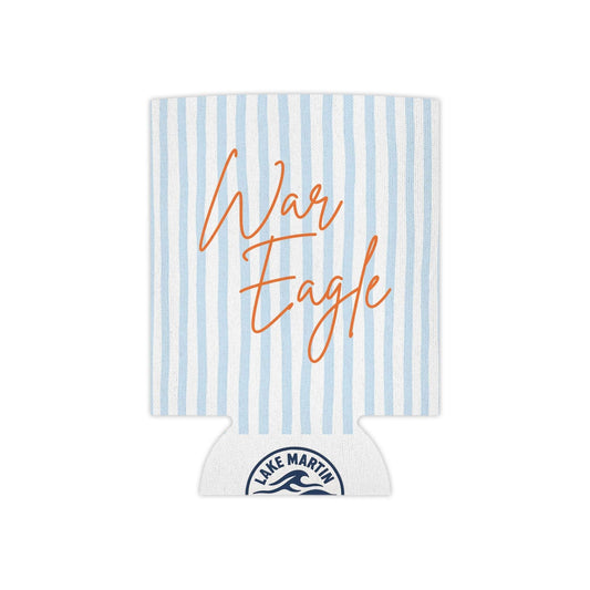 Light blue striped War Eagle Can Cooler with orange script, soft foam grip and durable polyester exterior for slim and regular cans