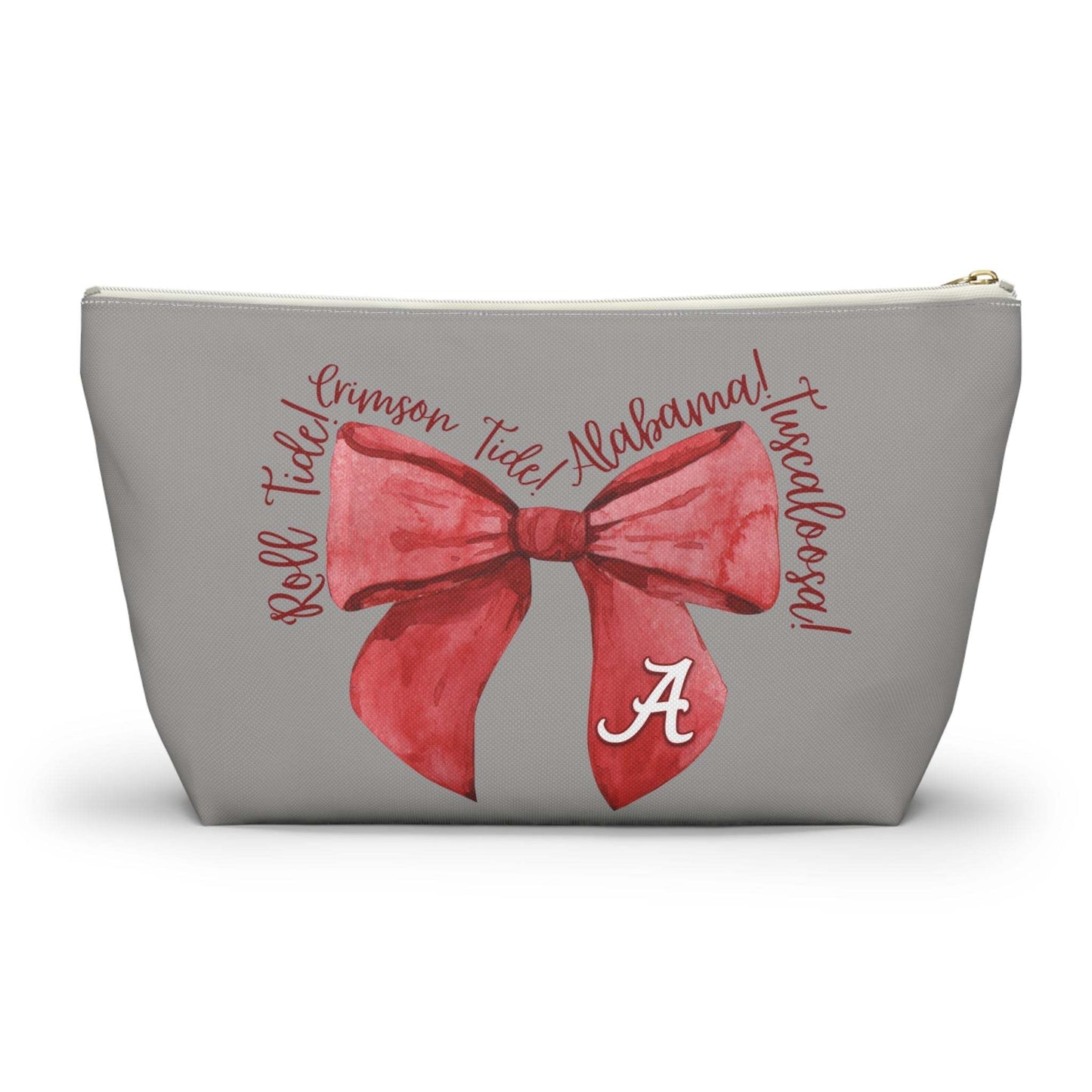 Crimson Bow Alabama script accessory pouch with vibrant red bow and gold zipper puller