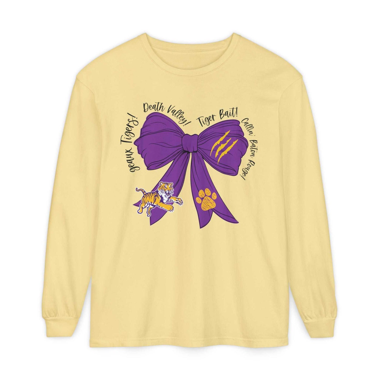 Purple and Gold Tiger Bow Long-Sleeve Game Day Shirt