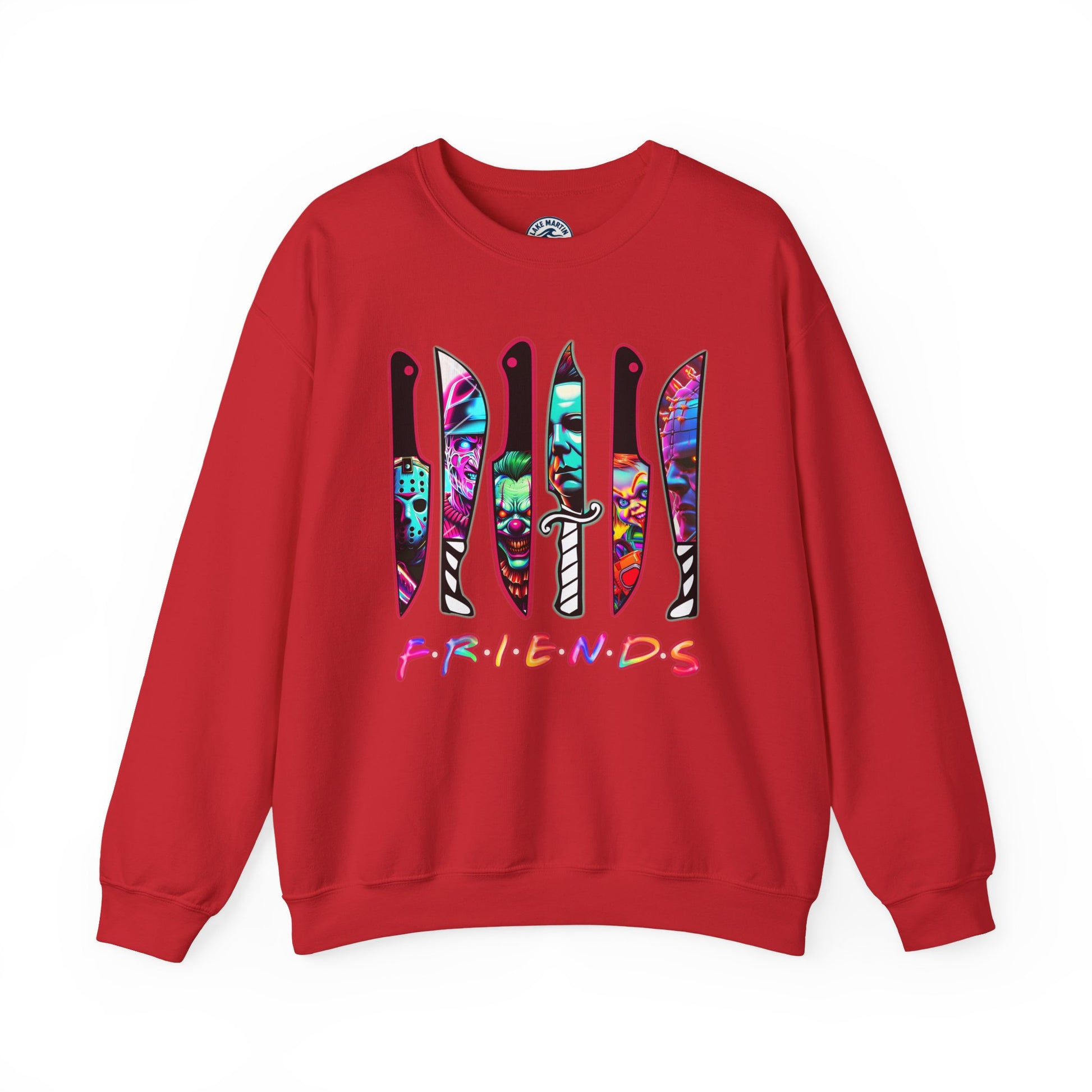 A red crewneck sweatshirt featuring a graphic of six knives with colorful tie-dye patterns and the word 'FRIENDS' in a neon gradient font below it, displayed on a clean white background.