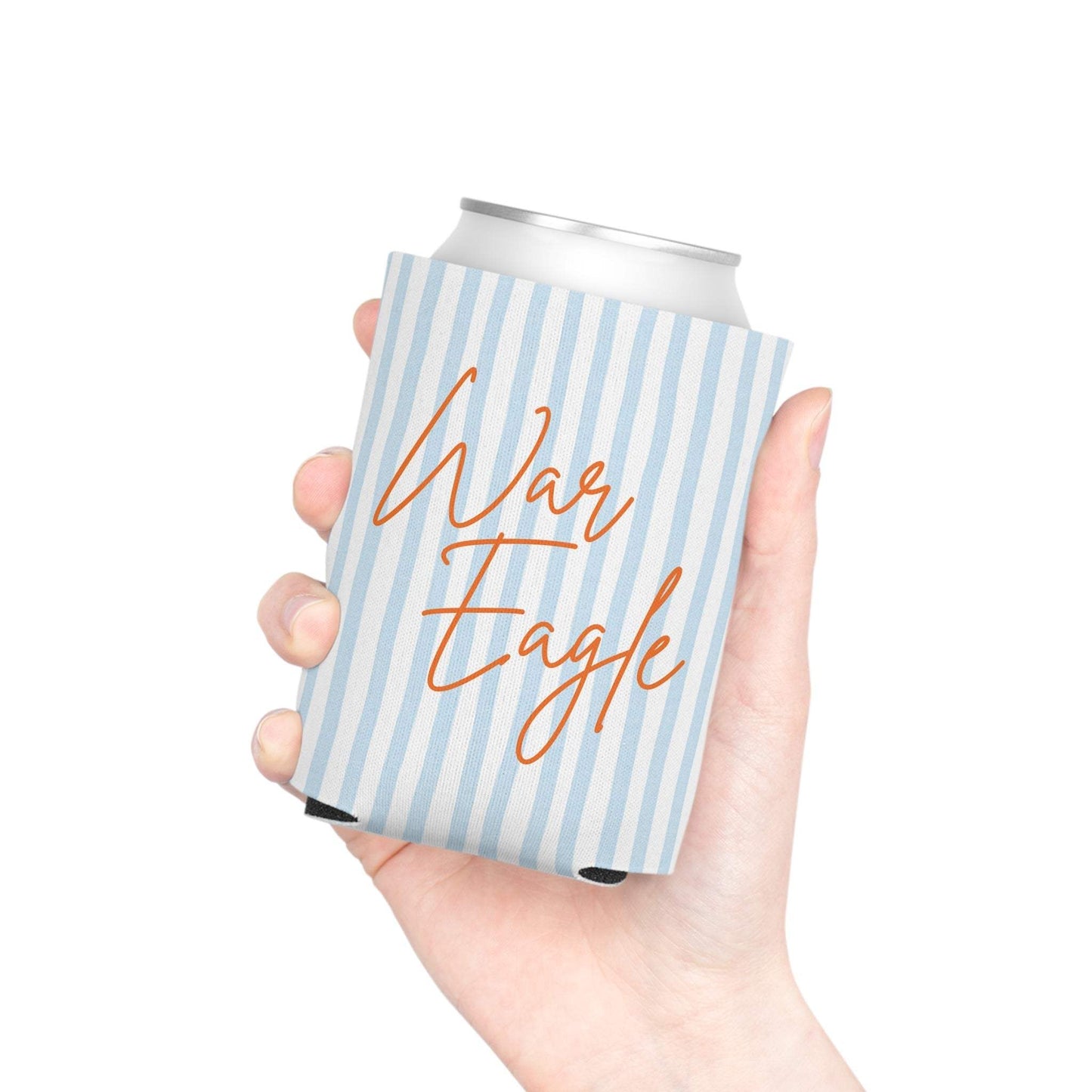 War Eagle Can Cooler with pale blue seersucker stripes and orange script on durable polyester foam sleeve