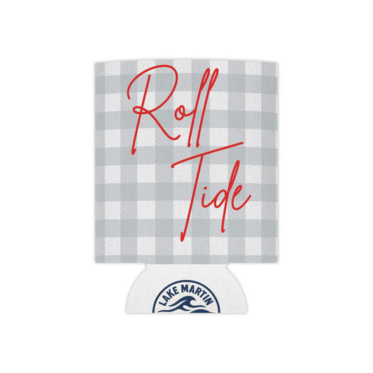 Roll Tide can cooler with gray plaid design and red script text on foam koozie