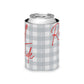 Roll Tide Can Cooler with gray plaid design and red script on soft foam sleeve