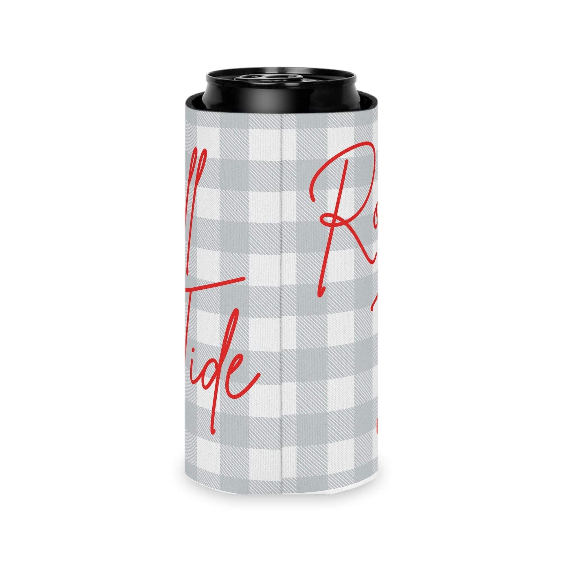 Gray plaid Roll Tide can cooler with red script and foam liner