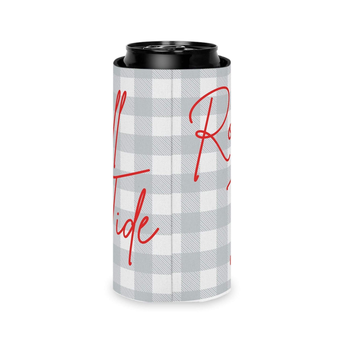 Gray plaid Roll Tide can cooler with red script and foam liner