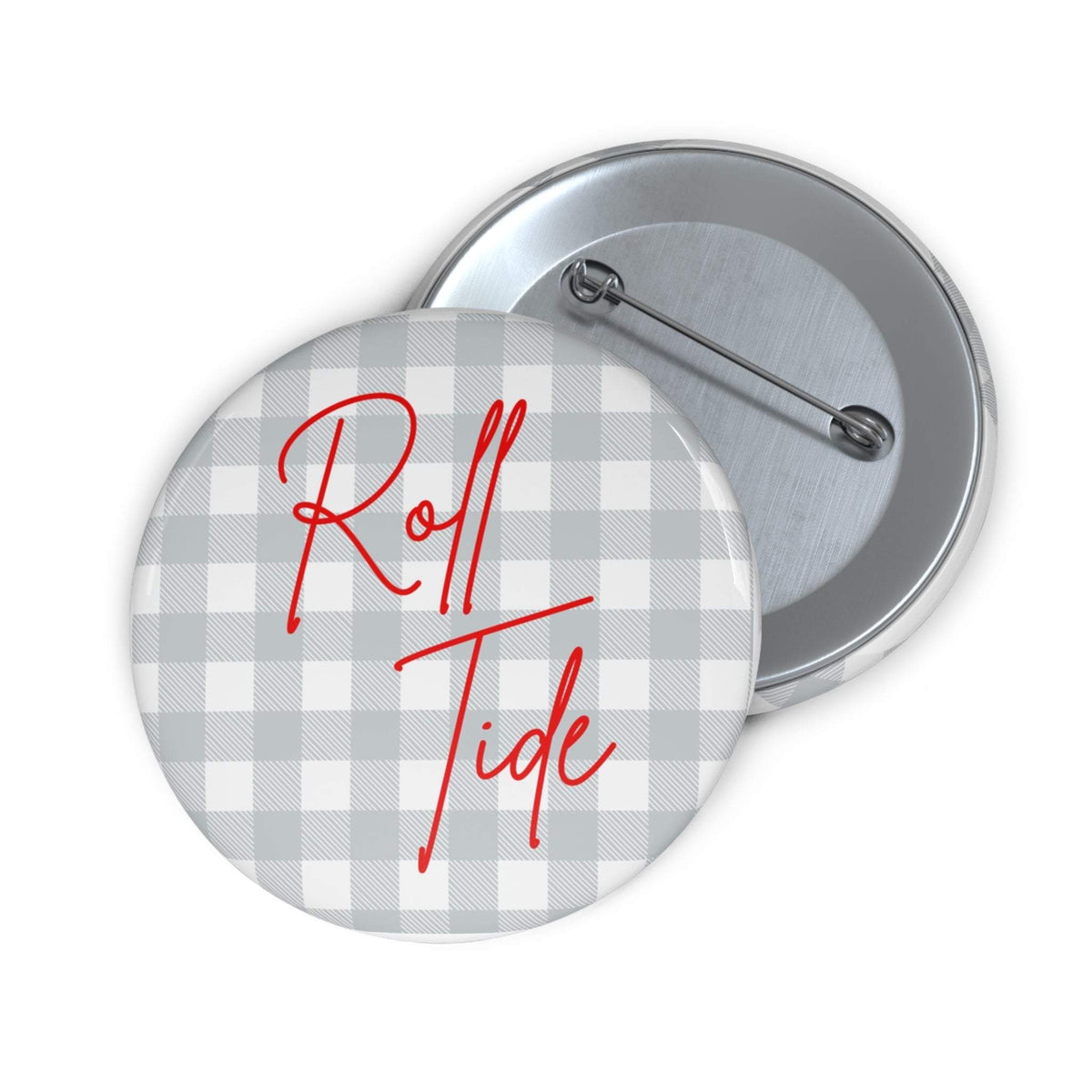 Glossy Roll Tide pin button with script text on grey gingham background and steel safety-pin backing
