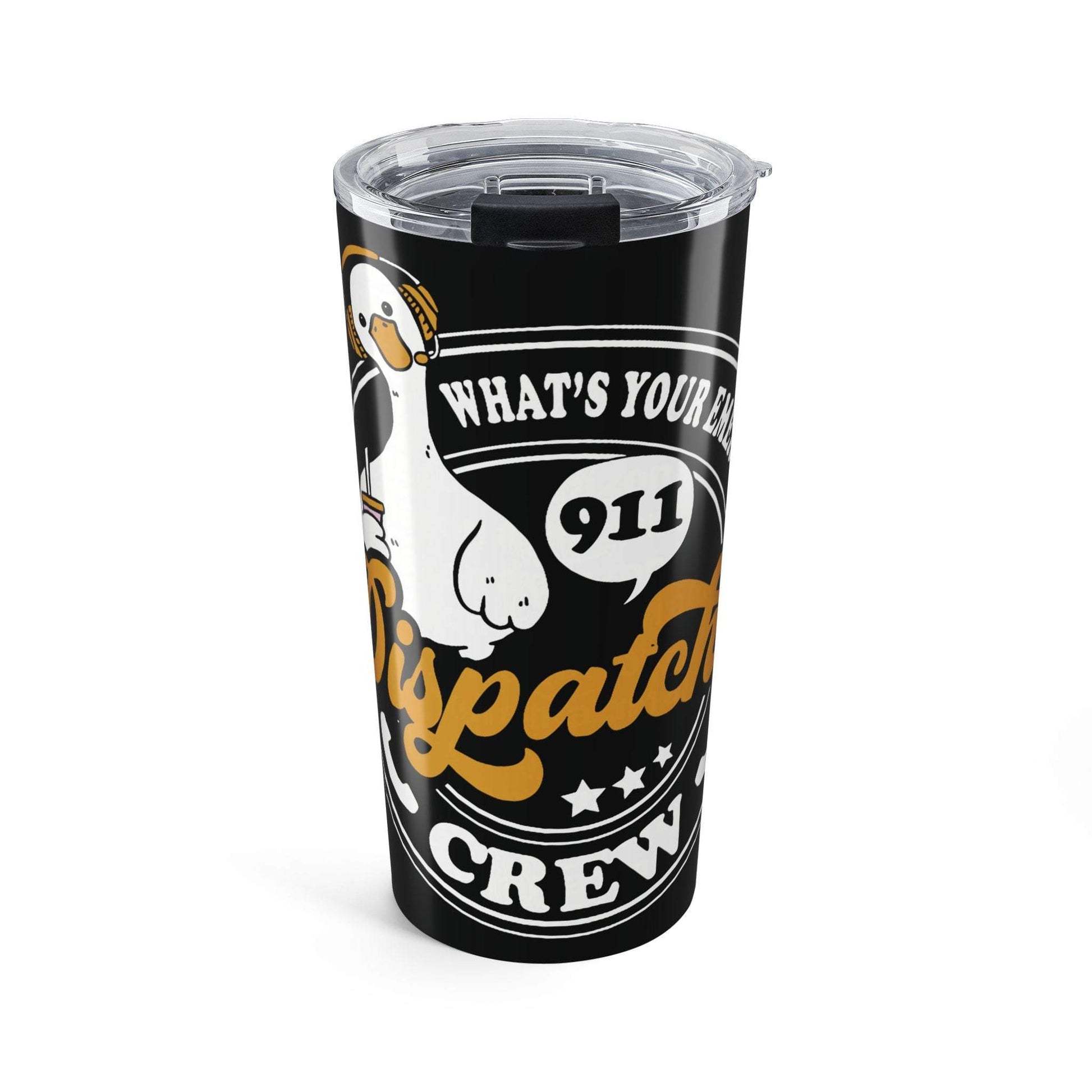 20oz 911 Dispatch Crew Tumbler stainless steel travel cup with wraparound design and spill-resistant lid