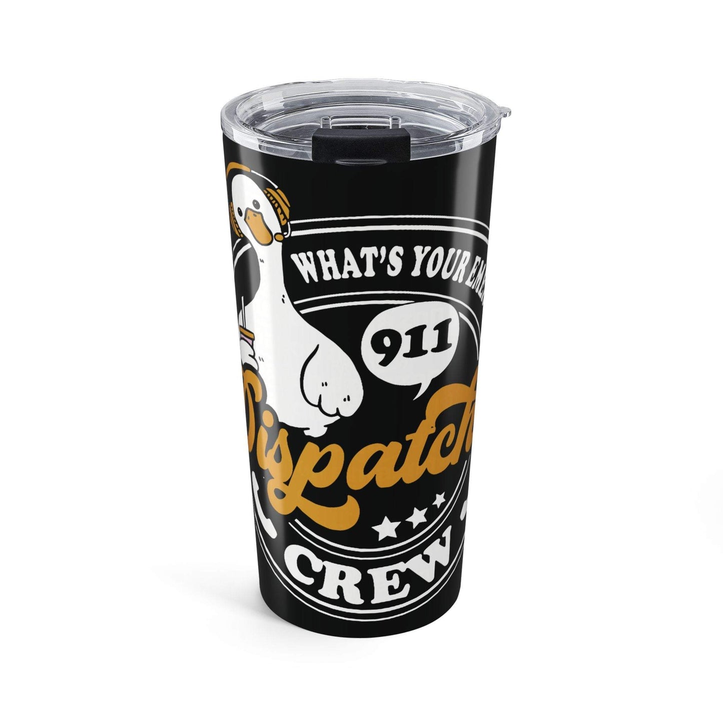 20oz 911 Dispatch Crew Tumbler stainless steel travel cup with wraparound design and spill-resistant lid
