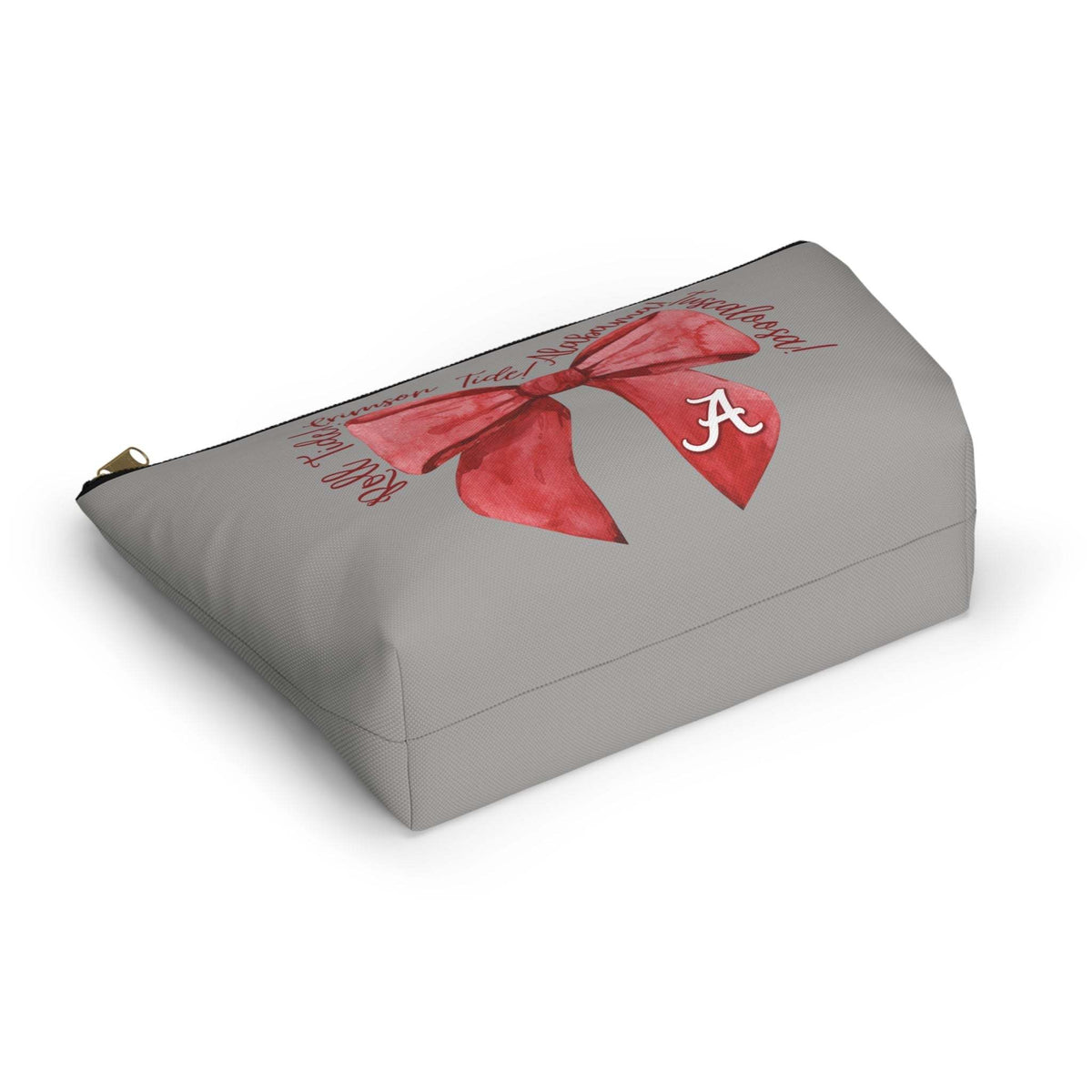 Crimson Bow Alabama accessory pouch with watercolor bow and gold zipper puller