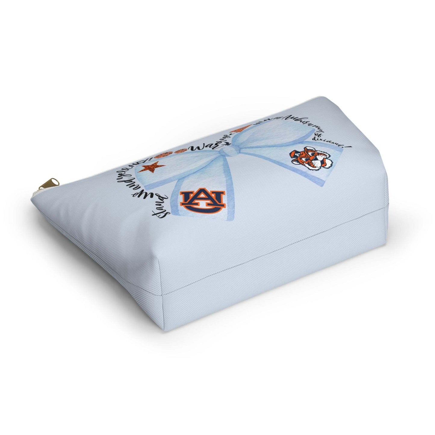 Light-blue Blue Bow Auburn logo accessory pouch with T-bottom cosmetic bag and gold zipper pull