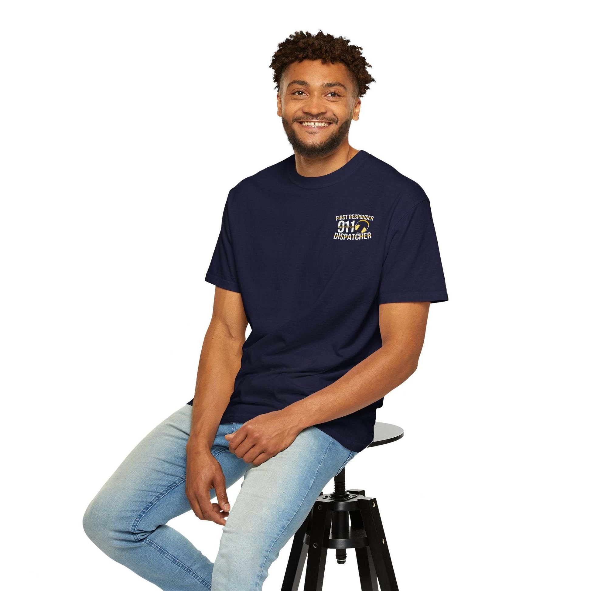 Emergency Vehicles T-Shirt with headset sketch and ambulance firetruck design on garment-dyed cotton fabric