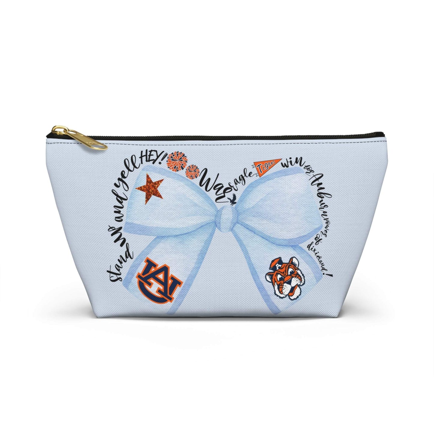 Light-blue Blue Bow Auburn Logo accessory pouch with watercolor bow and collegiate icons, gold zipper pull, and T-bottom structure