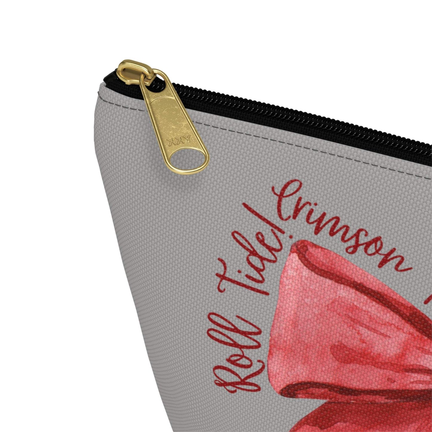 Crimson Bow Alabama script accessory pouch with vibrant red bow and gold zipper puller