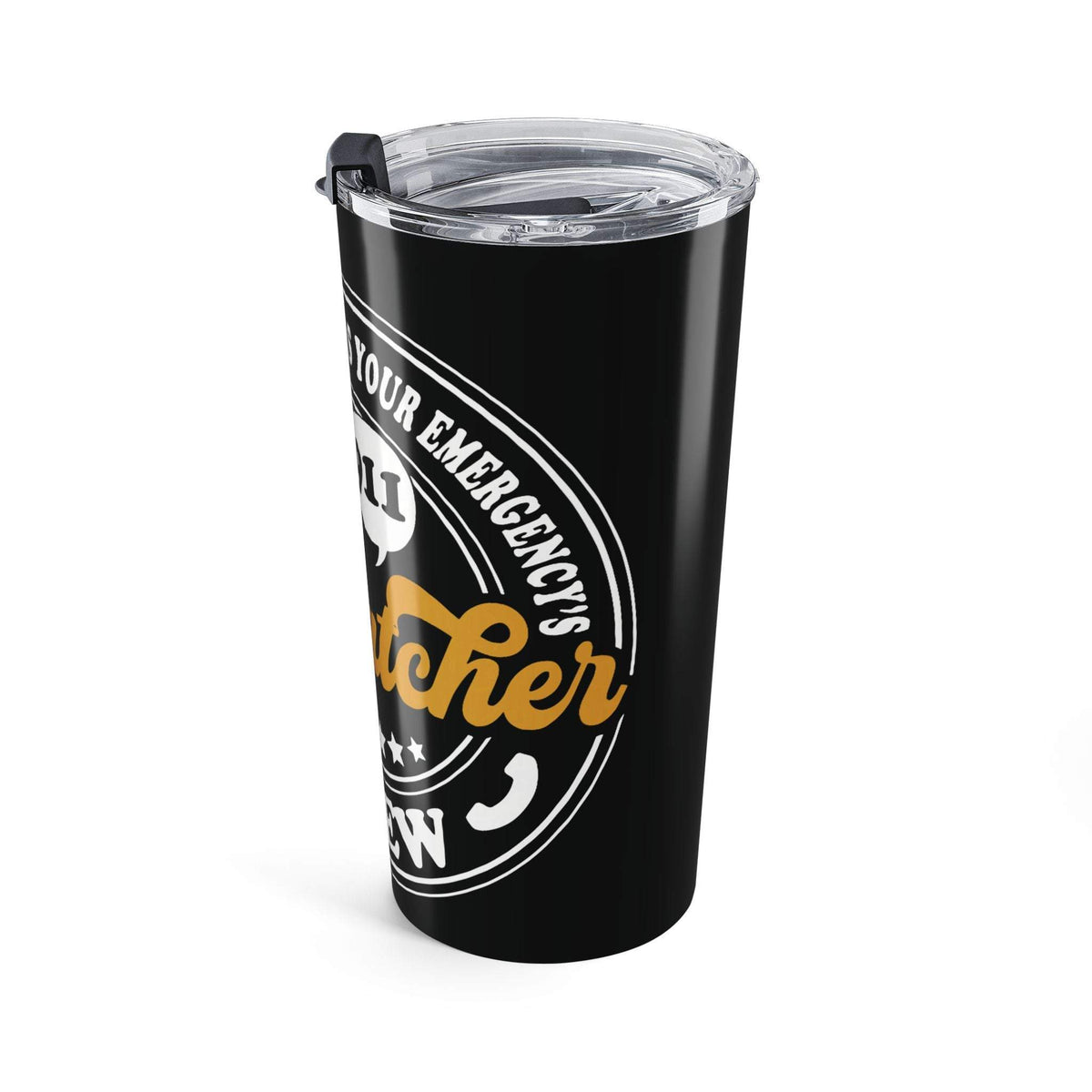 20oz stainless steel 911 Dispatch Crew Tumbler with glossy wraparound design, vacuum insulation, and spill-resistant lid for coffee and iced drinks