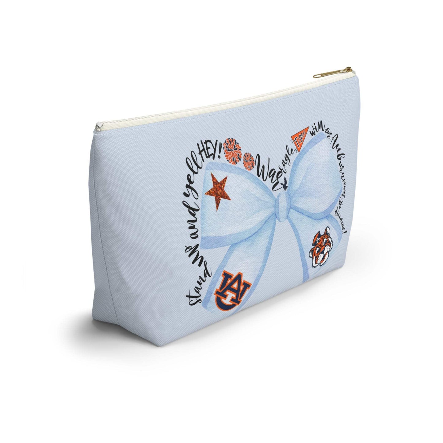Light-blue T-bottom pouch with blue bow Auburn logo, collegiate icons, and gold zipper pull