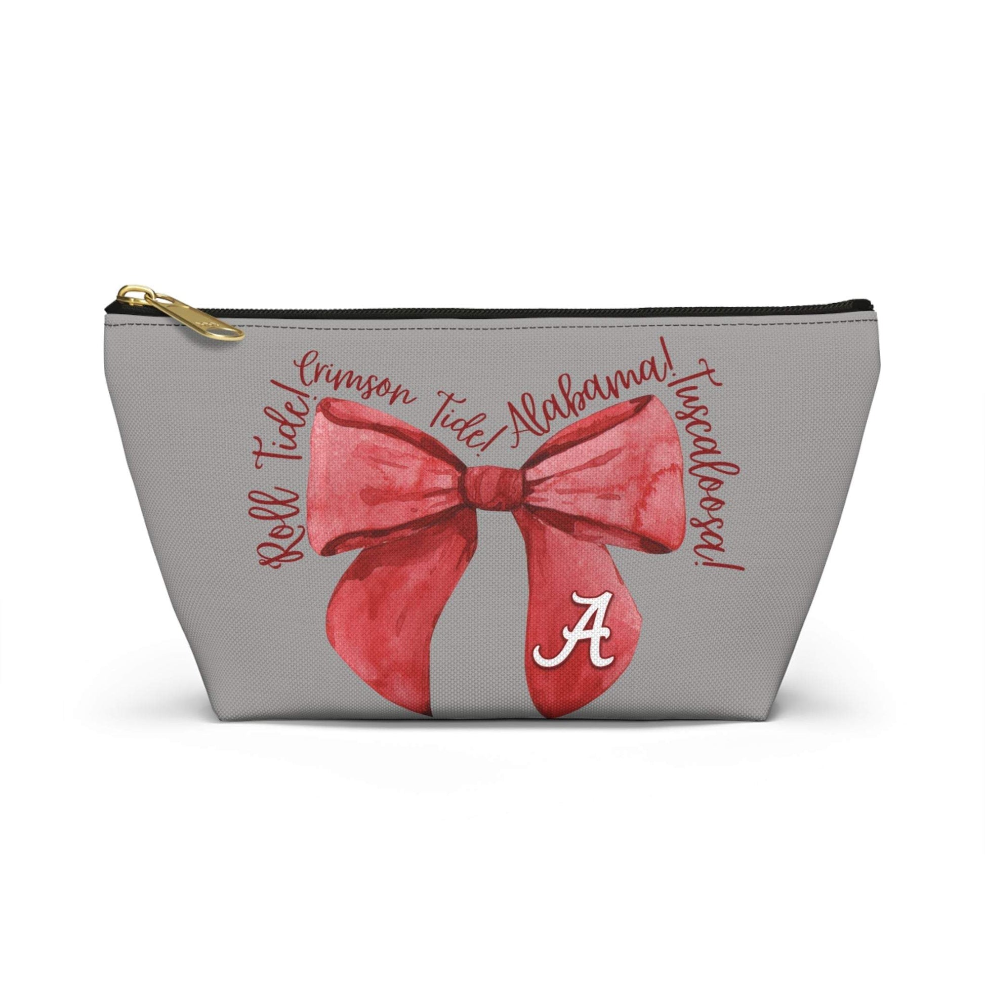Crimson Bow Alabama script accessory pouch with watercolor bow and gold zipper puller