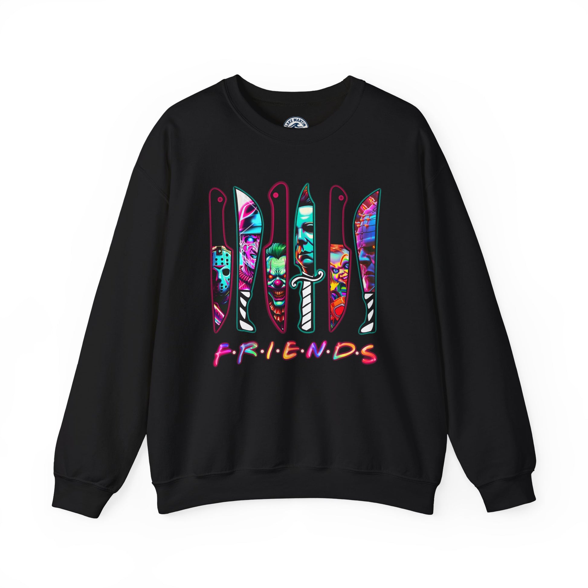 A black crewneck sweatshirt featuring a graphic print of the 'Friends' logo made from colorful tiki knives, with the word 'FRIENDS' written below in a pink-to-purple gradient.