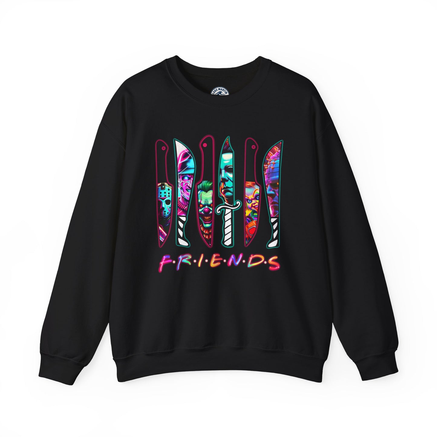 A black crewneck sweatshirt featuring a graphic print of the 'Friends' logo made from colorful tiki knives, with the word 'FRIENDS' written below in a pink-to-purple gradient.