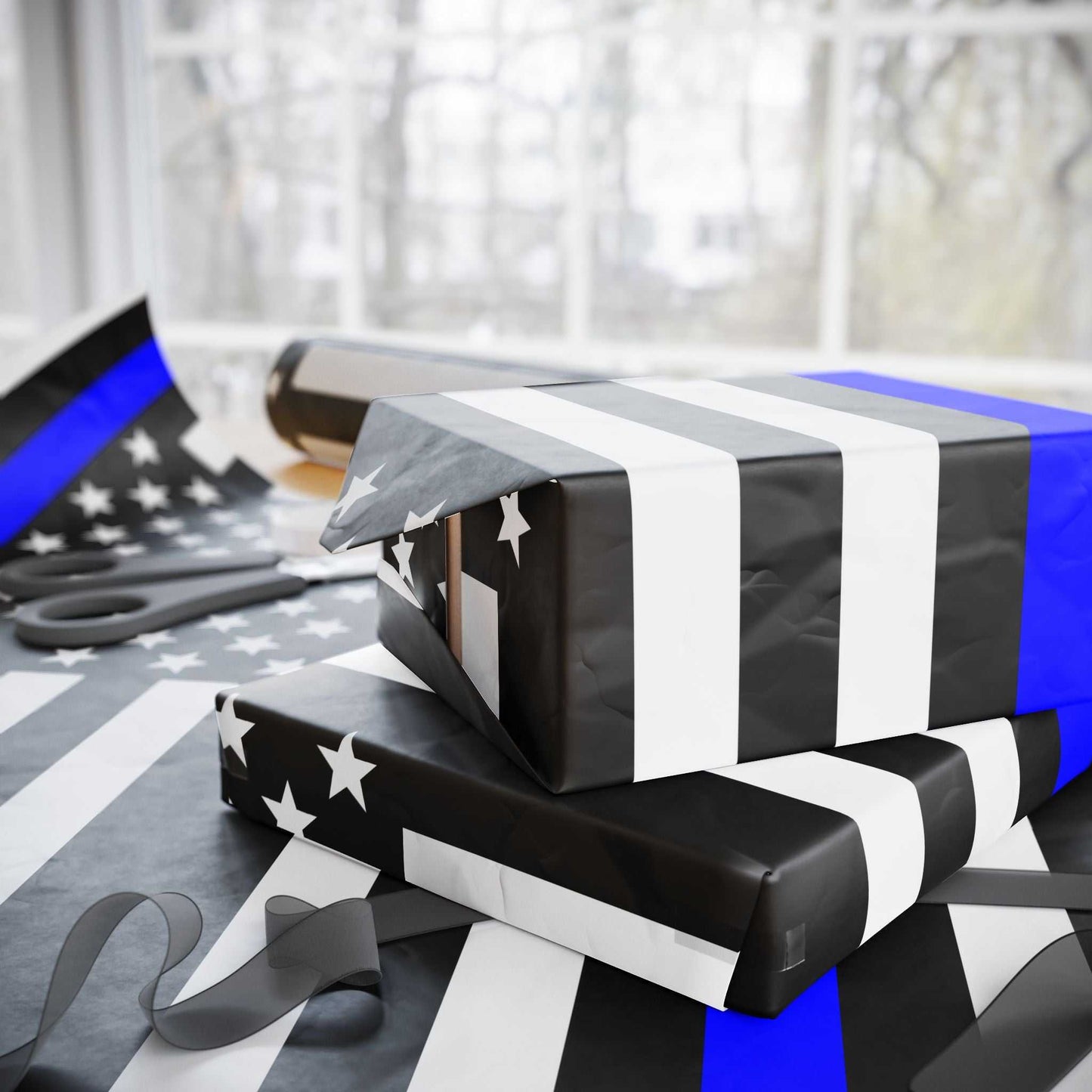 Thin Blue Line American Flag Wrapping Paper