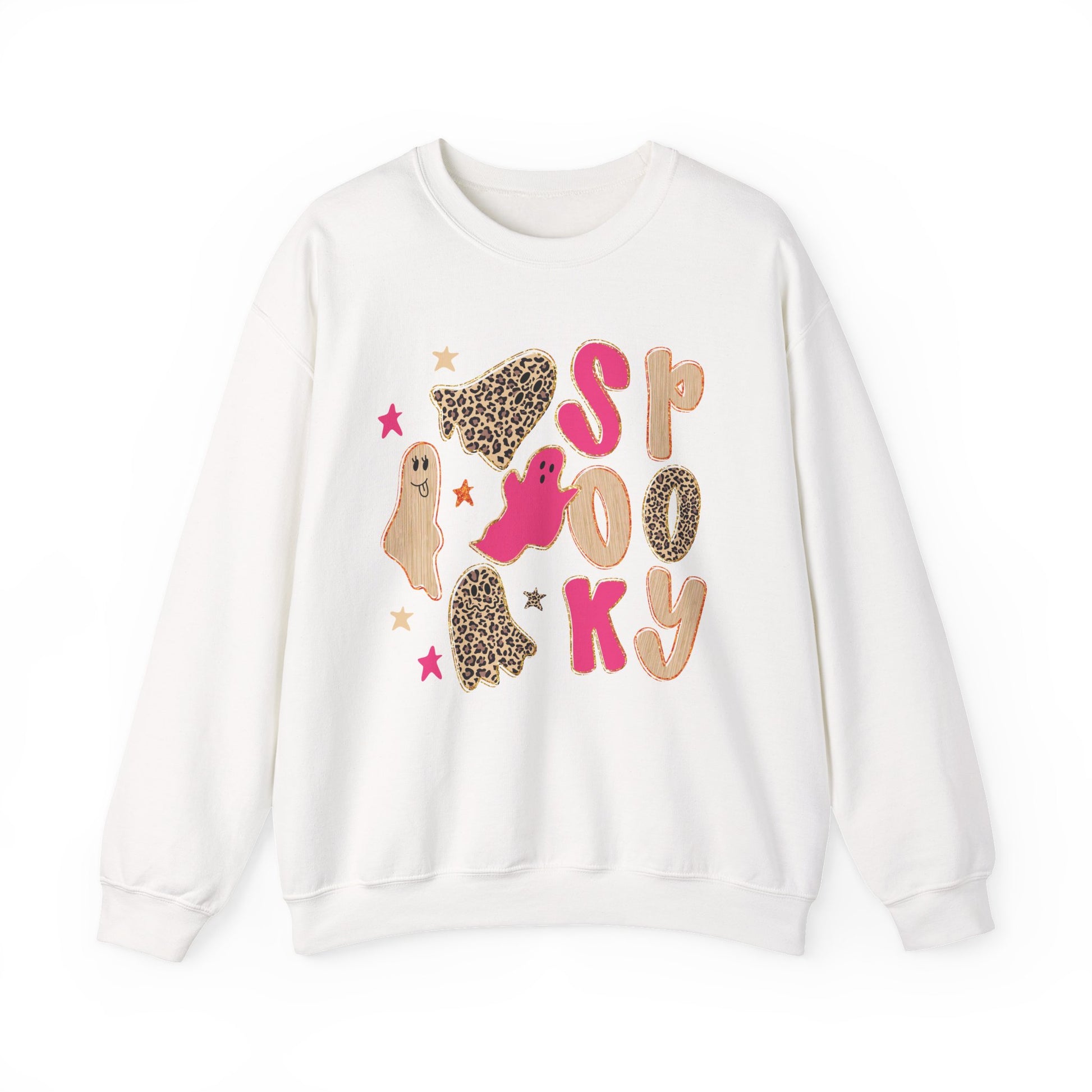 An white crewneck sweatshirt featuring a 'Spooky' Halloween graphic with pink ghosts, leopard print ghosts, and stars on the front.