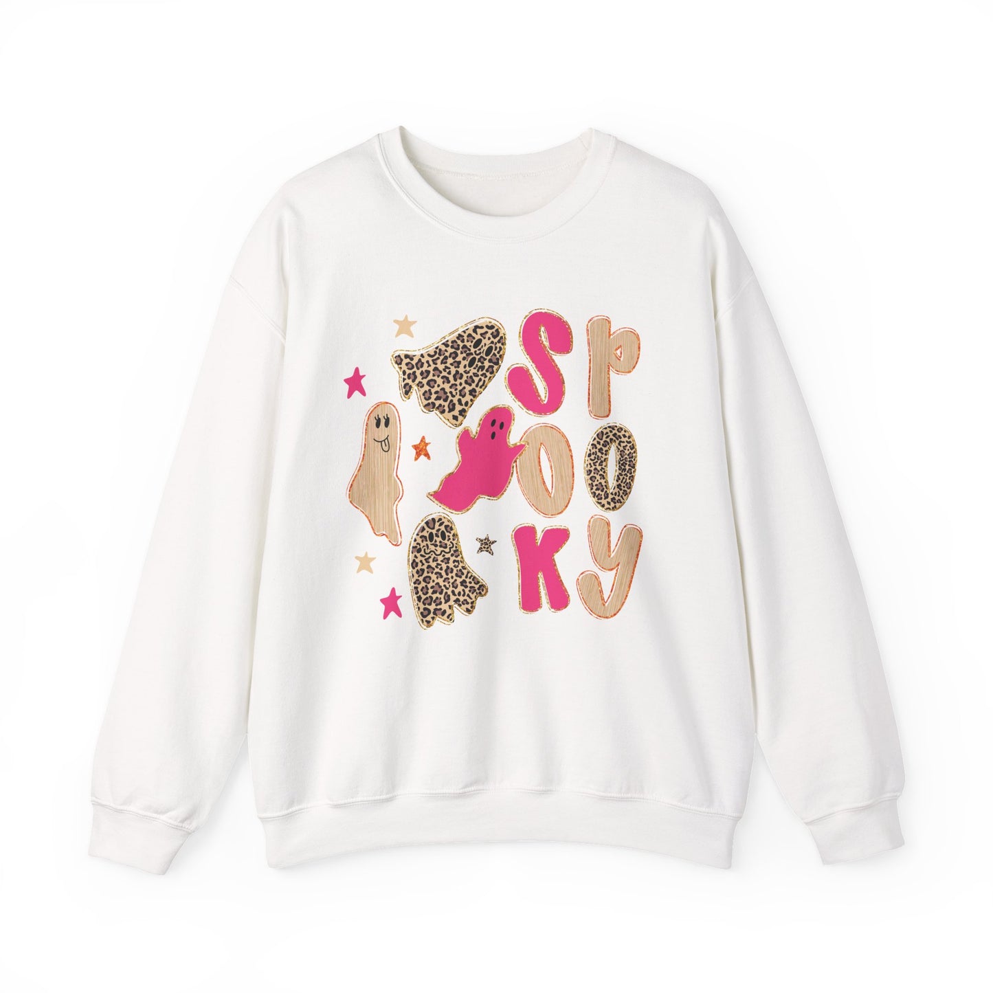 An white crewneck sweatshirt featuring a 'Spooky' Halloween graphic with pink ghosts, leopard print ghosts, and stars on the front.