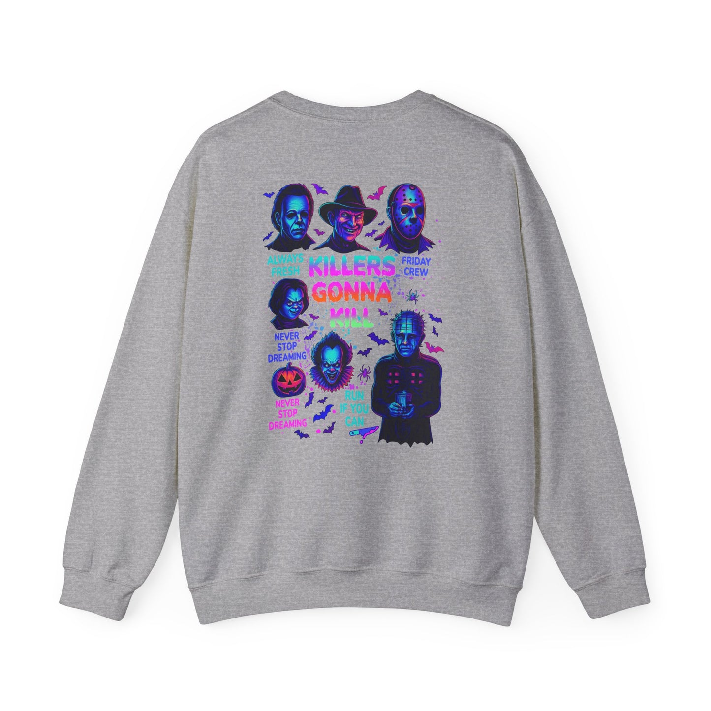 A heather gray crewneck sweatshirt shown from the back, featuring a colorful graphic print of horror movie villains and quotes in neon pink, purple, and blue.